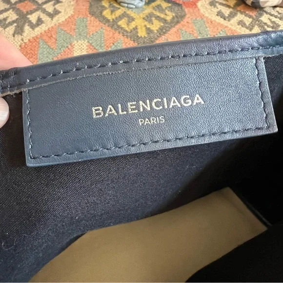Balenciaga $1,200 Cabas Canvas Navy Leather Trim Tote Bag